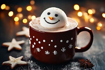 Wall Mural - Festive Snowman Enjoying a Cup of Hot Chocolate - Christmas Food Art with Red Accents