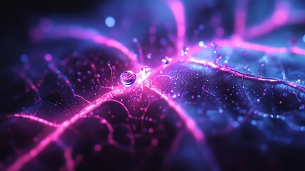 Poster - Intricate Patterns of Glowing Pink and Blue Elements Highlight the Beauty of a Microscopic View of a Leaf's Structure