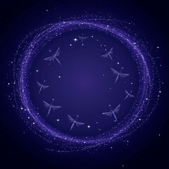 Wall Mural - celestial circle of dragonflies against a deep blue cosmic backdrop with glimmering sparkle.