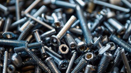 Aufkleber - Metal fasteners of different sizes and types lay scattered across a workshop bench, showcasing their diverse shapes and functions in repair and assembly work