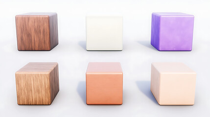 Poster - Colorful Cube Collection Displaying Wood and Solid Color Textures on a White Background Plain Scene.