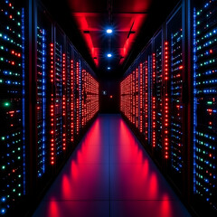 Poster - Data Center Server Room Illuminated by Colorful Lights Reflecting on the Floor Tiles Atmosphere.