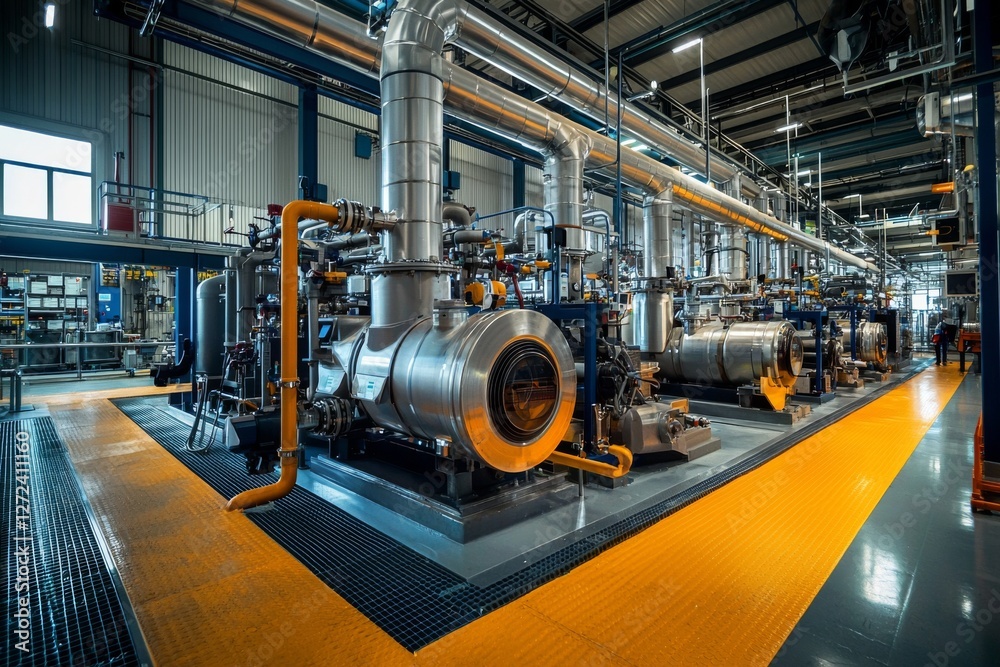 Image showcasing Industrial plant interior featuring complex piping systems and heavy ...