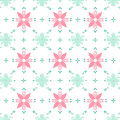 Poster - Decorative Pattern with Pink and Mint Green Floral Motifs on White Background Seamless Tile Texture.