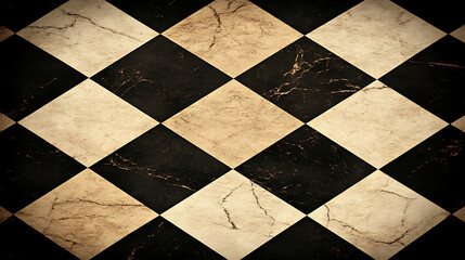 Poster - Distressed Marble Diamond Patterned Floor Tiles in Black and Beige for Interior Design Projects.