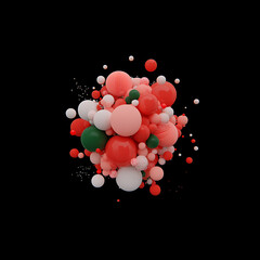 Poster - Dynamic Sphere Arrangement in Red White and Green Celebrating Festive Abstract Visuals on Dark Backdrop.