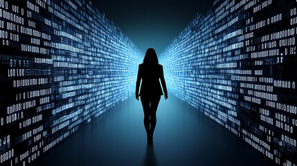 Poster - Empowered Individual Walking Through Binary Code Digital Landscape Representing Information Security.