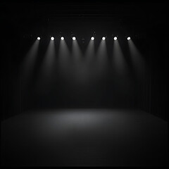 Poster - Empty Theater Stage with Spotlights Illuminating Dramatic Black Background Minimalist Presentation.