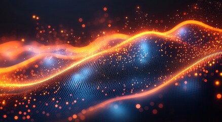 Poster - Abstract Technology and Science Digital Wave with Glowing Particles and Geometric Patterns in Cyberpunk Style