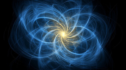 Poster - Ethereal Energy Burst in Hypnotic Blue and Gold Swirls Against a Dark Abyss Background Design.