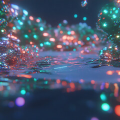 Poster - Ethereal River of Lights Reflecting on a Tranquil Night Surface with Floating Orbs of Color.