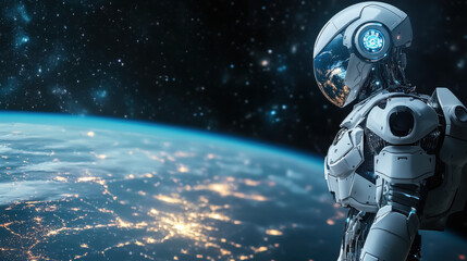 Poster - Futuristic robot overlooking illuminated earth from space with stars and galaxies in background and advanced technology elements