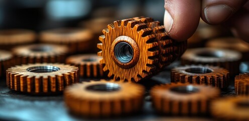 Aufkleber - Workflow Automation and Process Management with Wooden Gears on White Background