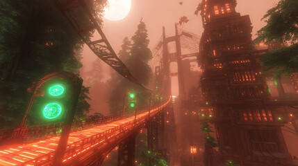 Poster - Forest Cityscape Under Moon Glow with Glowing Bridges and Futuristic Architectural Elements.