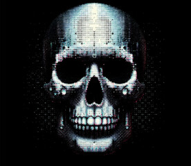 Fototapete - Digital skull illustration features pixelated, glitch-style effects on a dark background. It uses colorful gradients, evoking a cyberpunk feel and symbolizing hacking and digital infiltration.