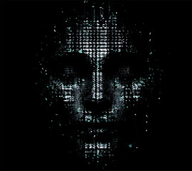 Aufkleber - Pixelated face emerges from a dark background in this vector illustration. The glitch effect conveys a digital, mysterious, and tech-driven atmosphere, symbolizing hacking and cyber presence.
