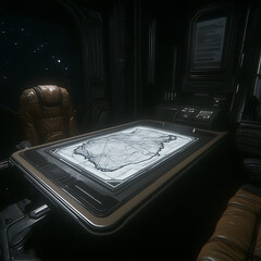 Poster - Futuristic Conference Room with Strategic Table Hologram Display in a Spaceship Interior.