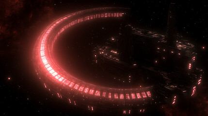 Poster - Futuristic Space Station Orbiting Amidst Cosmic Dust Clouds and Distant Stars Exploration.