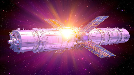 Poster - Futuristic Space Station Orbiting Stars Radiating Light Emitting Energy Exploration Expedition.