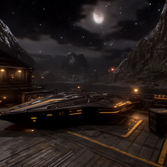 Poster - Futuristic Spaceship Docked at Nighttime Outpost Under Moonlight and Starry Skies on a Fictional World.