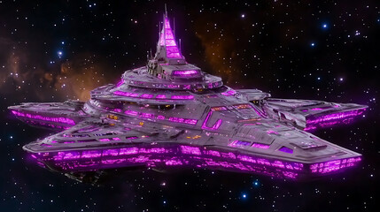 Poster - Futuristic Starship Cruising in Deep Space with Purple Accents Amidst Stars and Nebulae in Backdrop.