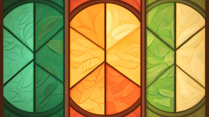Poster - Geometric Panels with Botanical Leaf Motifs in Autumn Tones Artistic Illustration.