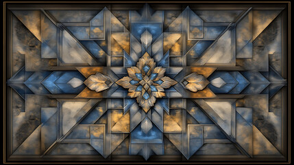Poster - Geometric Symmetry Art Deco Pattern with Floral Centerpiece Ornament in Blue and Gold Design.