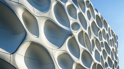 Aufkleber - The wall of a contemporary building stands out with its mesmerizing undulating surface, reflecting sunlight and casting dynamic shadows. An urban setting enhances its striking individuality