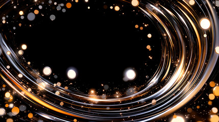 Poster - Golden Light Trails on Black Background Abstract Design with Sparkling Bokeh Particle Effects.