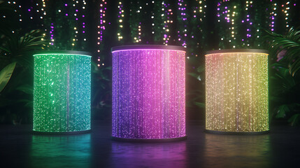 Poster - Illuminated Cylinders in a Lush Garden Setting Create a Dreamlike Ambience and Ethereal Glow.
