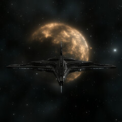 Poster - Interstellar Cruiser Silhouette Against Nebulous Cosmos Backdrop Science Fiction Visual.