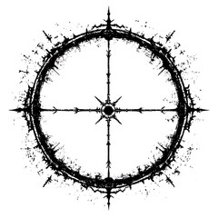 Poster - Intricate Circle with Central Starburst in Dark Grunge Style Graphic Design Distorted Visual Element.