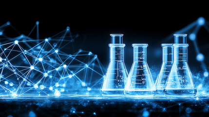 Poster - Laboratory Flasks with Abstract Network of Connections Scientific Visualization and Research.
