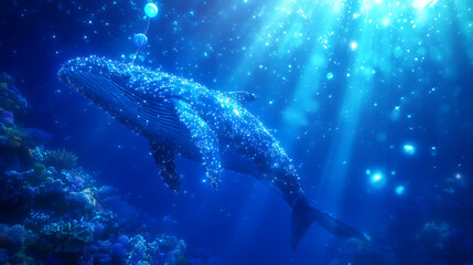Wall Mural - luminescent whale floating through underwater kingdom sunbeams shimmering blue oceanic scene.