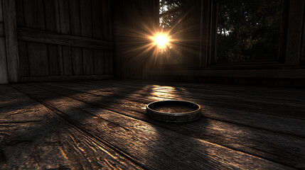 Poster - Metal Ring on Wooden Floor Lit by Sunlight Entering Through a Window Creating a Warm Atmosphere.