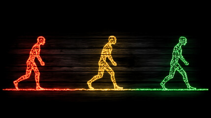 Poster - Neon Figurines Walking on Wooden Planks Imitating Traffic Lights on Dark Background Illustration.