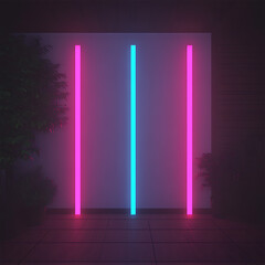 Poster - Neon Light Installation Aesthetic Design Vertical Glowing Illumination on Tiled Floor Scene.