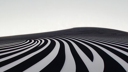 Poster - Optical Illusion Landscape of Undulating Black and White Stripes in a Dreamlike Scenario.