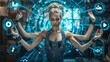 © Domingo - Advanced AI conductor or virtual goddess agent in sparkling dress controlling holographic media interface with several arms, surrounded by luminous cyan digital multimedia icons and symbols