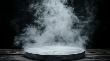 Poster - Podium Stage with Ethereal Mist Clouds Display Abstract Backdrop Promotion Presentation Showcase Design.
