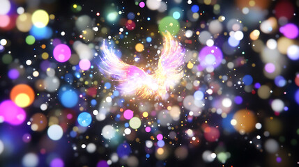 Poster - Radiant Phoenix Soaring Through a Galaxy of Bokeh Lights Creating a Magical and Ethereal Scene.