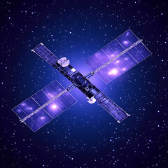 Poster - Reflective Space Satellite Orbiting Above the Stars in the Night Sky for Deep Space Exploration.
