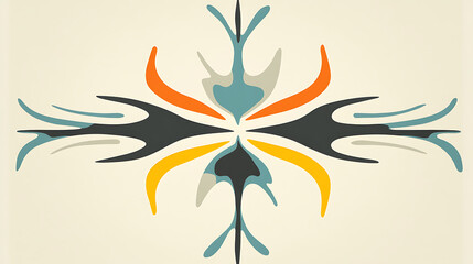 Poster - Retro Symmetrical Abstract Floral Pattern in Orange Yellow Blue and Black Design Centered on Cream Ground.