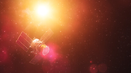 Poster - Satellite Exploring Outer Space Illuminated by a Distant Star with Red Nebula and Cosmic Dust.