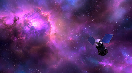Poster - Satellite Drifting Through Purple Galaxy Nebula Cosmos Science Exploration Celestial Journey Deep Space.