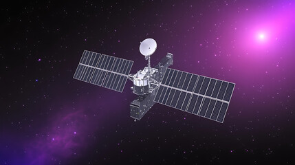 Poster - Satellite in Deep Space with Solar Panels and Communication Antenna Against Nebula and Stars.