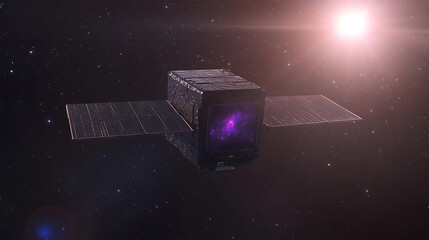 Poster - Satellite Orbiting in Space Exploring Purple Galaxy With Solar Panels and Stellar Background.