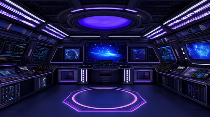 Poster - Sci Fi Spacecraft Command Center Deck Interior with Futuristic Lighting and Control Panels Design.