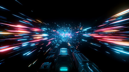 Poster - sci fi spaceship speeding through hyperspace with trails of light and energy in deep space.