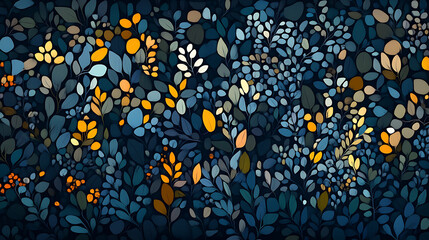 Poster - Serene Botanical Garden Foliage Pattern with Warm Light Accents Artistic Design Illustration.